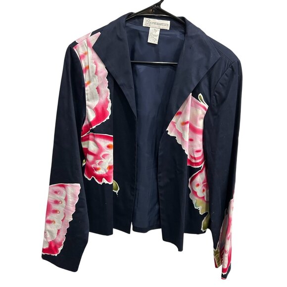 Vintage Elyse Hart Ltd Butterfly Print Navy Jacket Vibrant Pink Accents Sz Large - Picture 1 of 7
